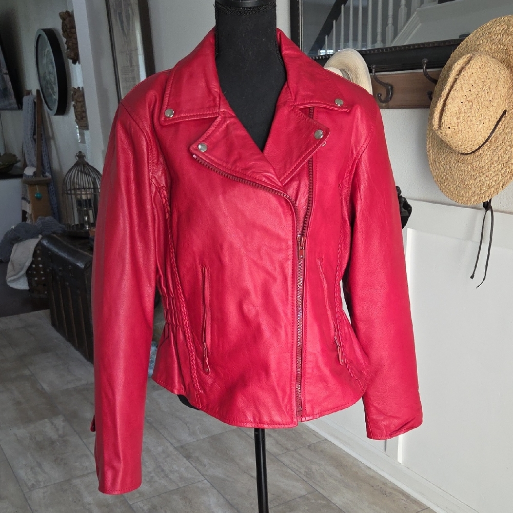 Unik Vibrant Red Leather Biker Jacket